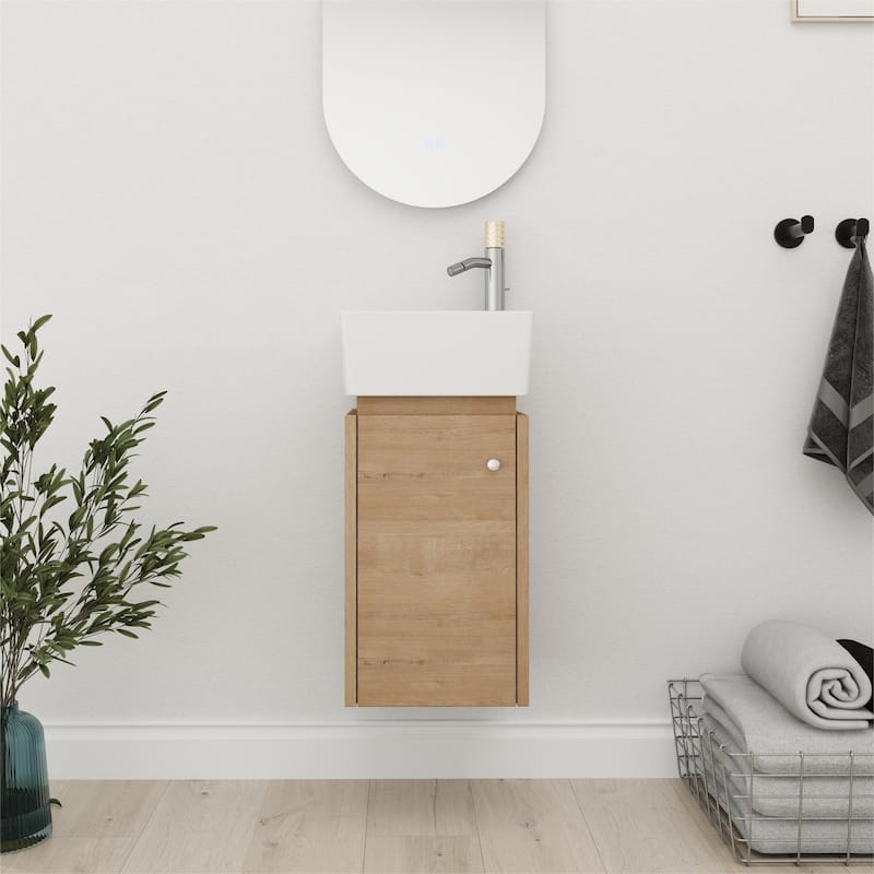 Bathroom Vanity With Sink In 12 Inch, Floating Bathroom Vanity With Soft Close Door - 12"W x12"D x 24.1"H - Imitative Oak