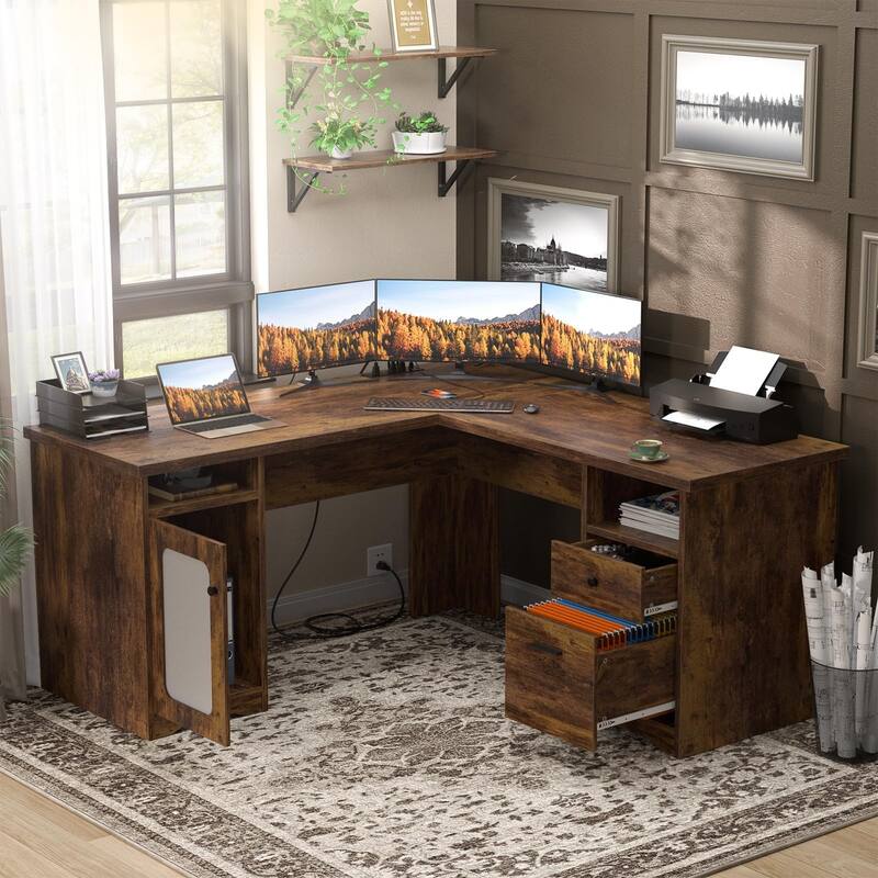 Modern Farmhouse L-Shape Desk with File Cabinet and Drawers, Homer Office Executive Desk with Charge Station