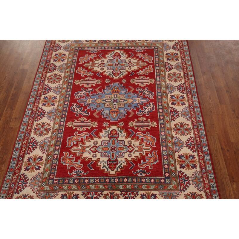 Red Geometric Kazak Area Rug Hand-Knotted Traditional Wool Carpet - 4'10" x 6'9"