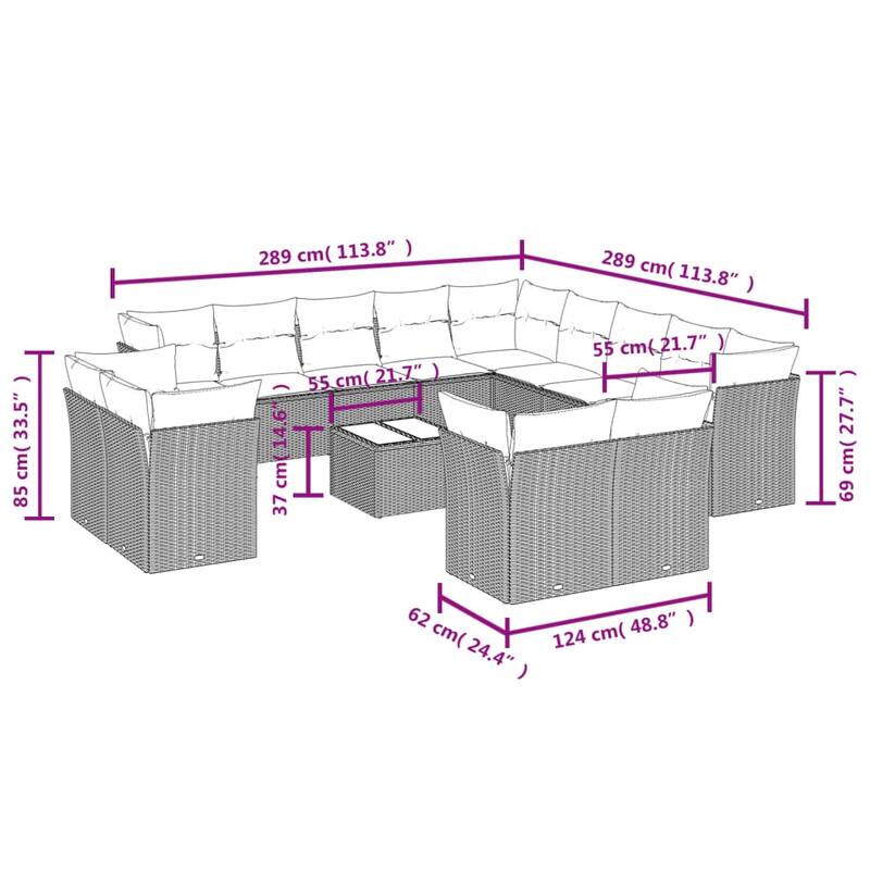 vidaXL 14 Piece Patio Sofa Set with Cushions Black Poly Rattan - 200.8x27.2x200.8