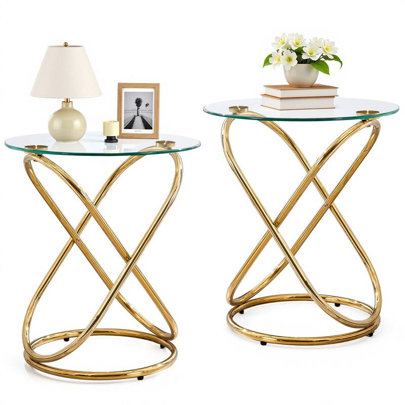 Tempered Glass Round Side/End Table with Metal Legs - 19.7"Dia Top x 21.7"H x 15.6"Dia Base - Gold Leg-Set of 2