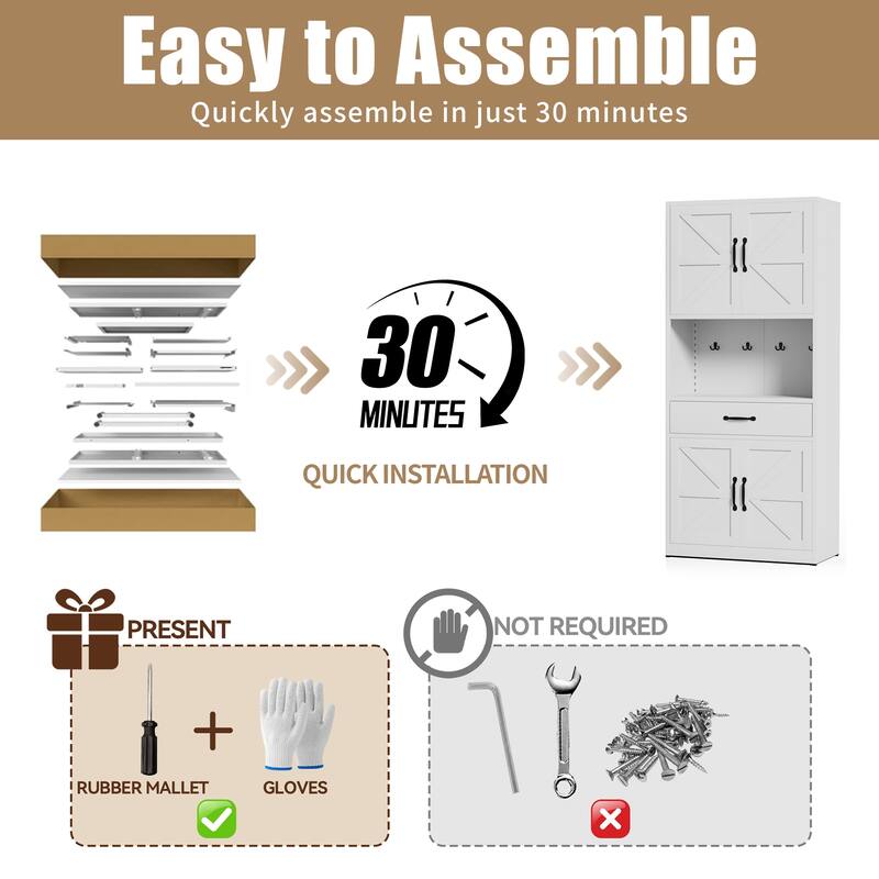 71" White Steel Kitchen Pantry with Large Countertop, Adjustable Shelves, Drawers & Hooks