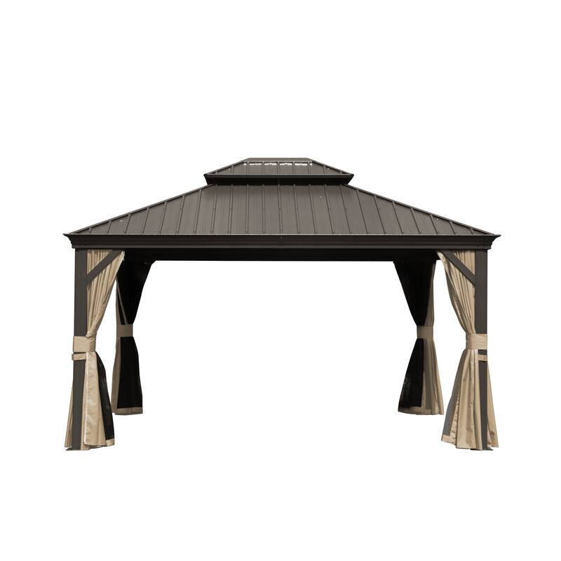 10x12ft Aluminum Hardtop Gazebo with Double Canopy, Privacy Curtains & Mosquito Netting for Outdoor Use - Brown