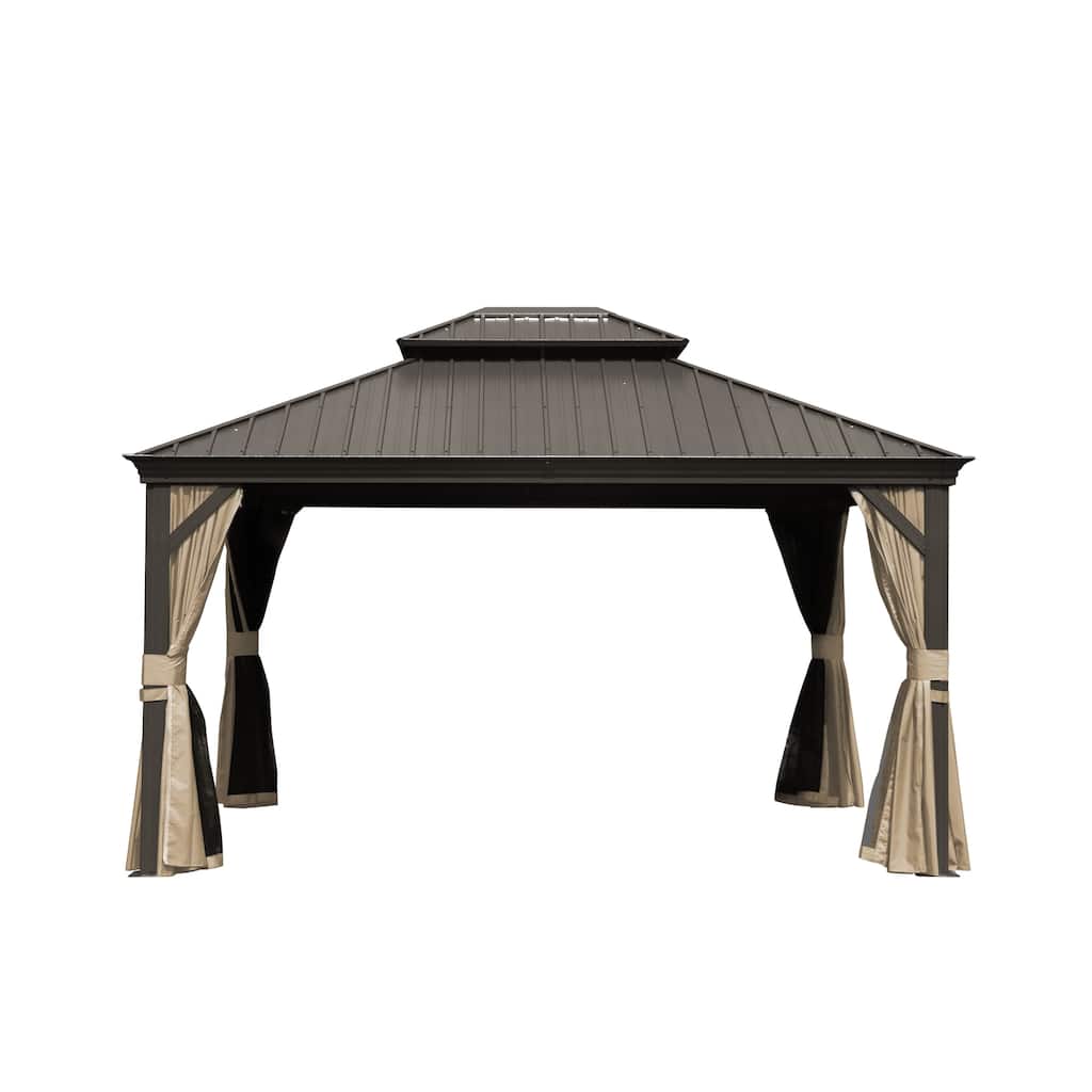 10x12ft Aluminum Hardtop Gazebo with Double Canopy, Privacy Curtains & Mosquito Netting for Outdoor Use