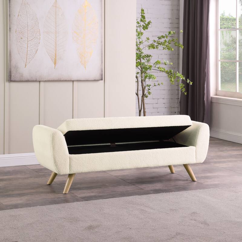 HomePop Modern Sherpa Storage Bench with Wood Legs - Cream