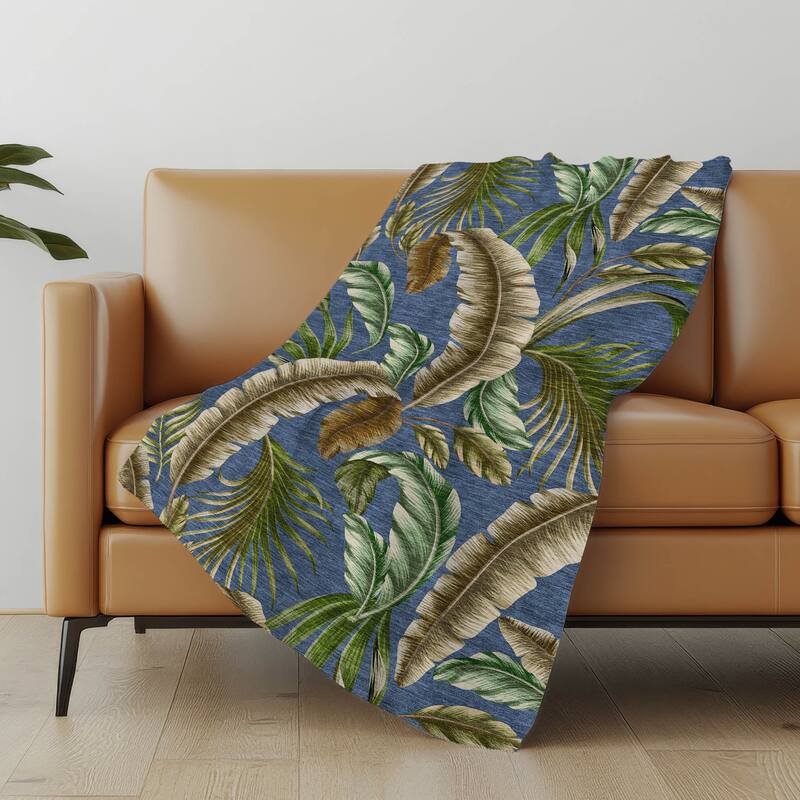 Premium Machine Washable ASB196 Palm Leave Sherpa Throw Blanket - Blue - 4'2" x 5'10"