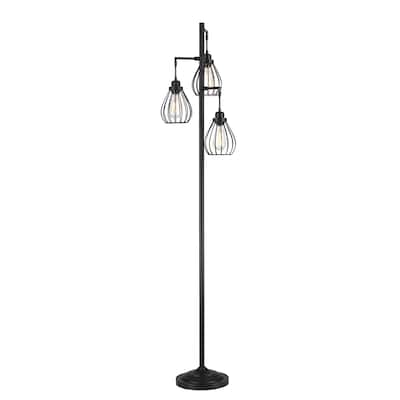 69 in. 3-Light Tree Floor Lamp with Matte Black Finish and Hanging Steel Cage Shade