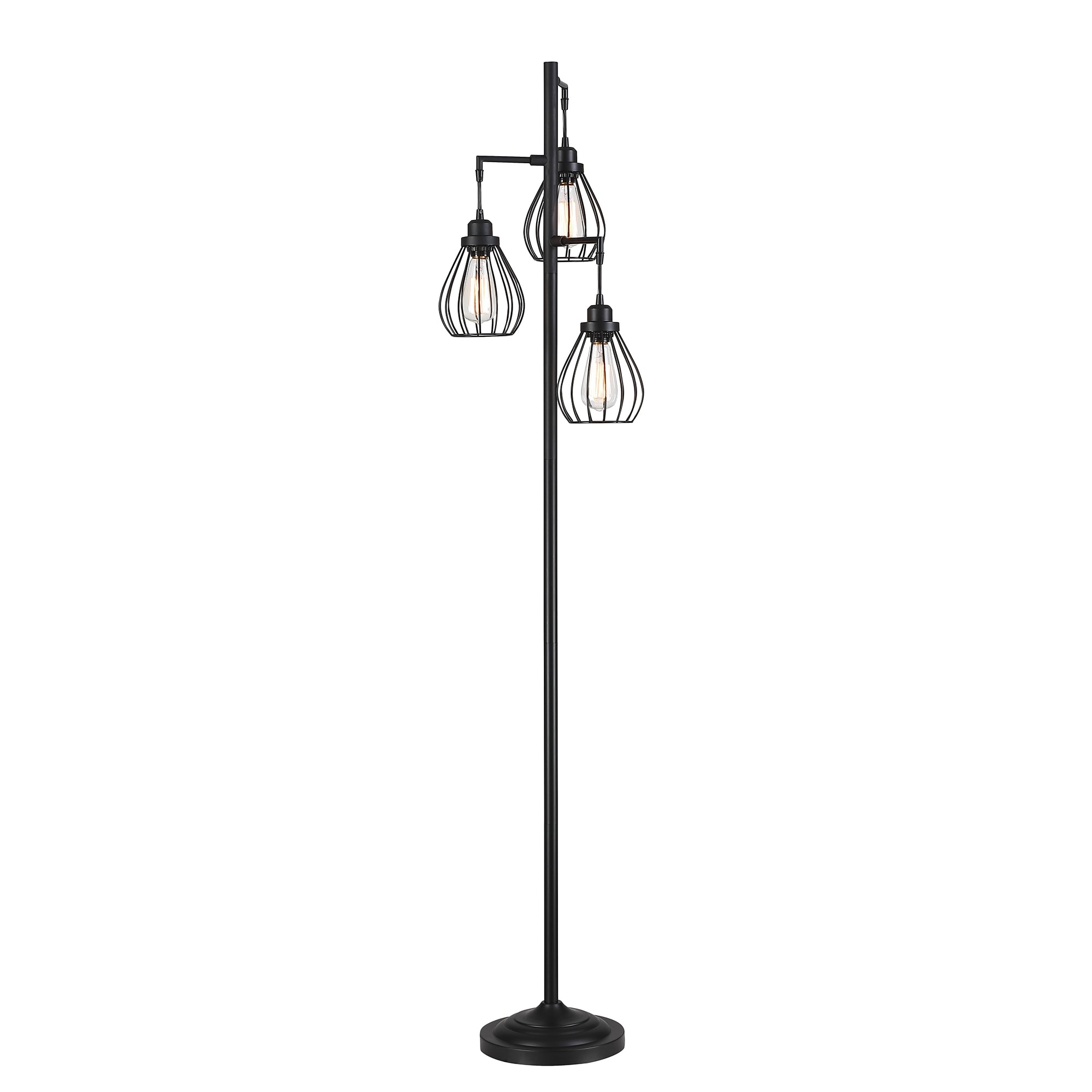 69 in. 3-Light Tree Floor Lamp with Matte Black Finish and Hanging Steel Cage Shade