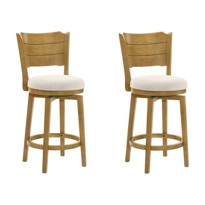 Winsley Coastal Modern Swivel Wood Counter Height Kitchen Bar Stool with White Boucle Fabric Upholstered Seat - Set of 2 - White/Amber Glow - Counter Height