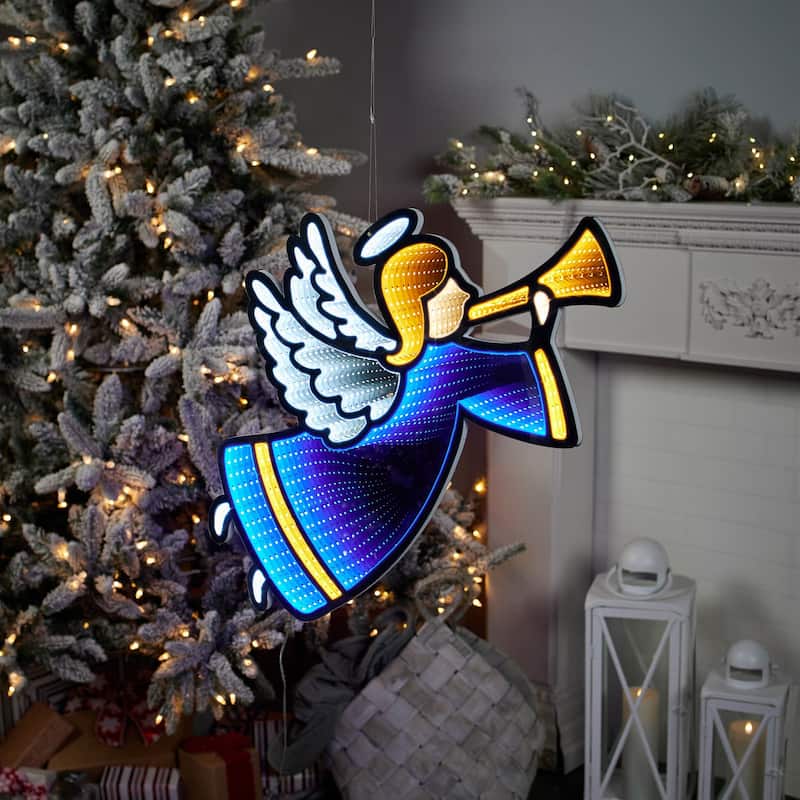 Acrylic Plastic Angel with Horn and Infinity Light Effect Display - 25.5” x 0.5” x 16.5” (L x W x H)