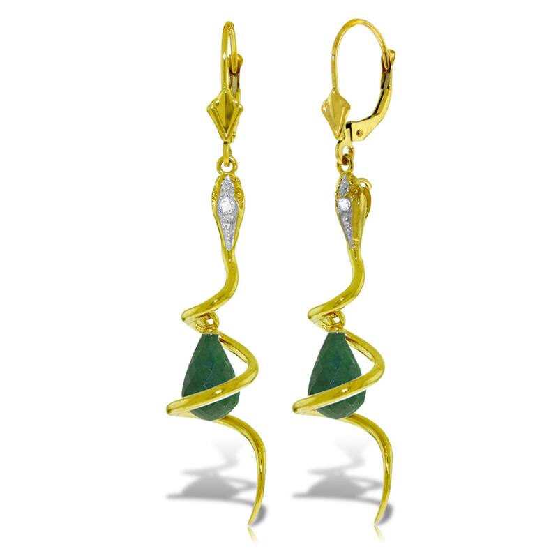 14K Solid Gold Snake Earrings w/ Green Dyed Sapphire & Diamonds - Yellow