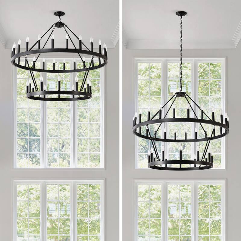 Farmhouse Industrial Style Ceiling Light, 2-Tier 36-Light Wagon Wheel Chandelier, for High-Ceilinged Living Rooms Dining Rooms
