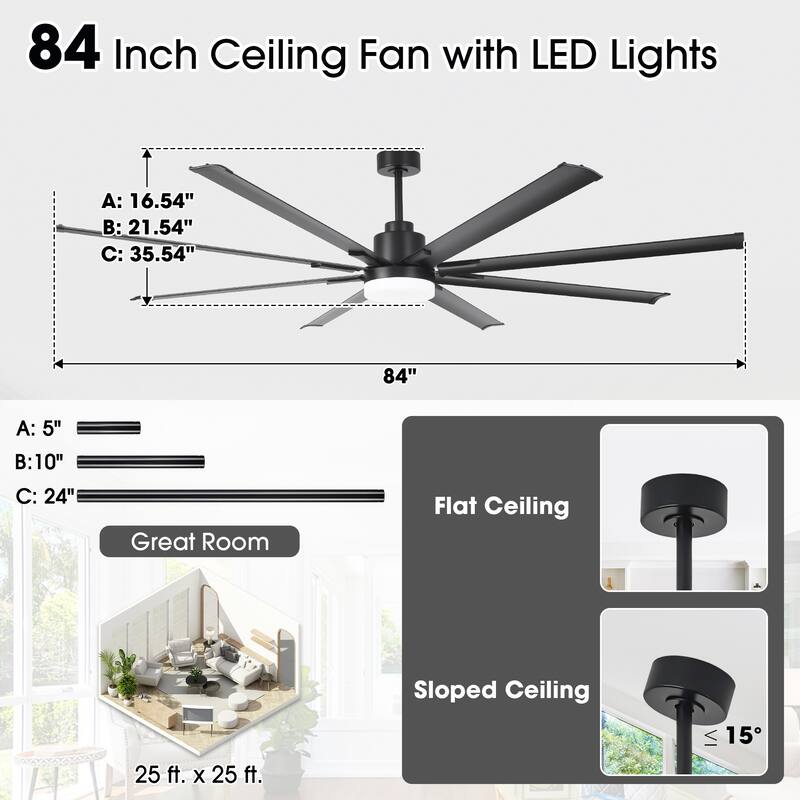 Vaczon 84" Industrial Black Aluminum Large Ceiling Fan with Light and Remote Control