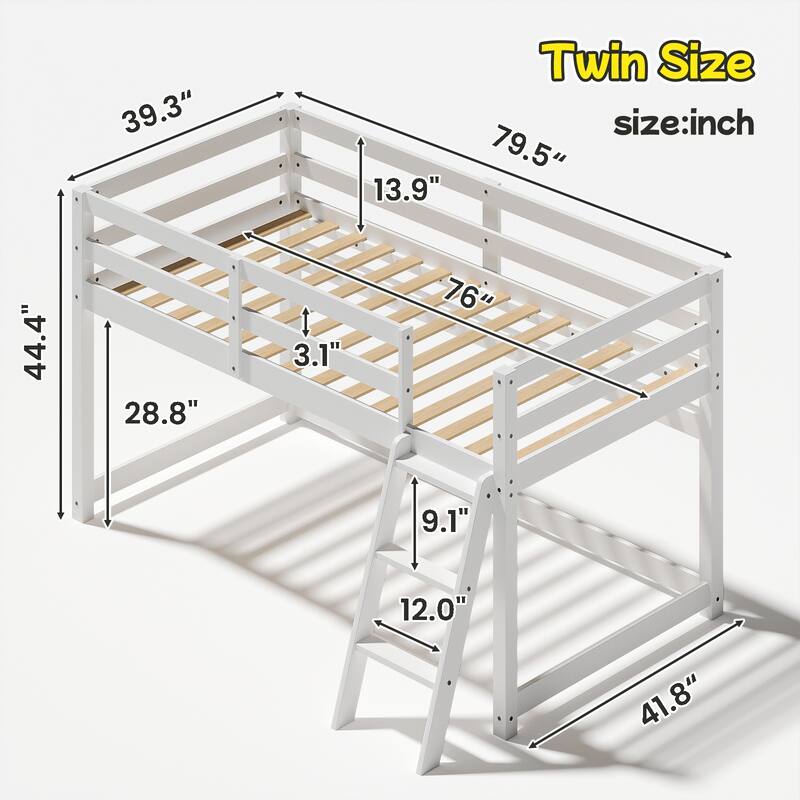 Kids Twin Convertible Low Loft Bed to Bunk Bed, Solid Wood Modern Frame with LED Strip Lighting and Storage Hooks
