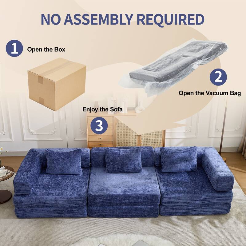 Free Combination Lazy Folding Sectional Sofa Chenille Modular Sleeper Sofa Bed Floor Standing Compression Mattress