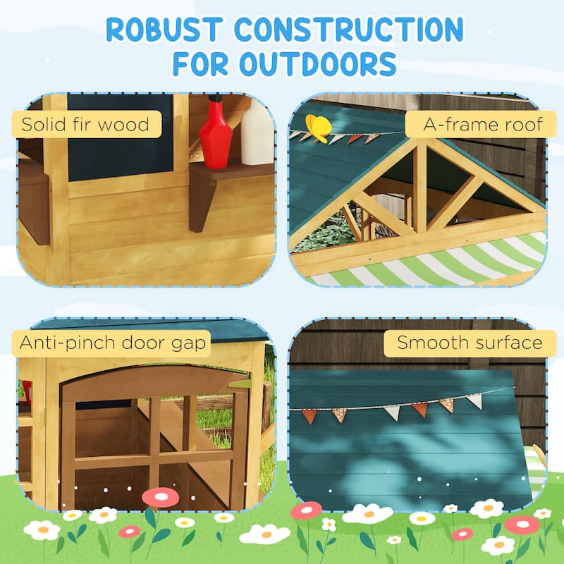 Brown and Blue Fir Wood Kids Playhouse with Door and Windows for Backyard Outdoor Fun Ages 3 to 8 - 68.1" L x 46.1" W x 56.7" H