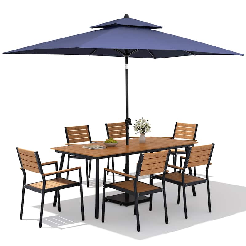 9PC Outdoor Patio Dining Set Wood-Like Aluminum Table with Stackable Armchairs,Double Top Market Umbrella and Wheel Base