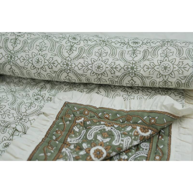 Fabdivine Luxury Hand Block Print Cotton Quilt Floral Boho Bedding for Bedroom & Sofa, Green White Handmade Reversible Bedspread
