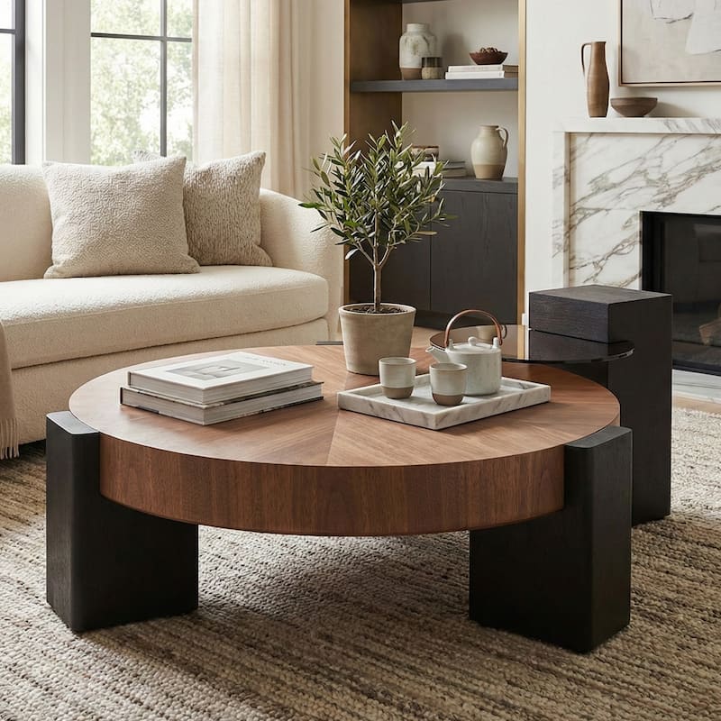 Modern 2-Tier Round Coffee Table Set with Walnut Finish & Black Accents