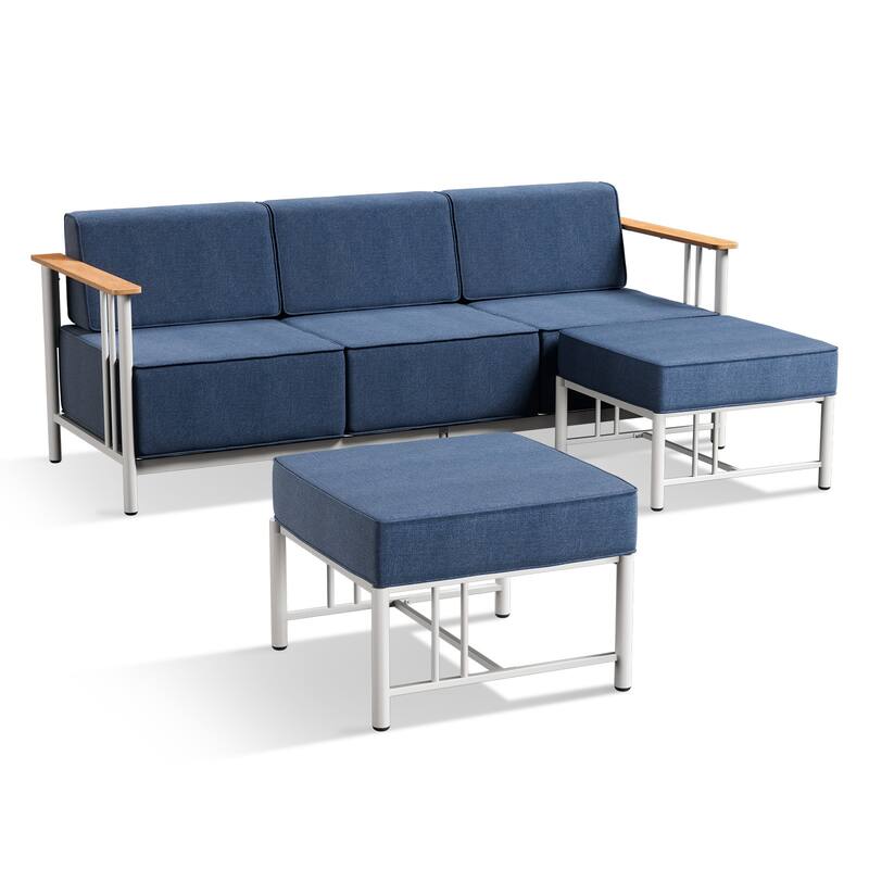 Puffin 3-Seat Outdoor Sofa with White Metal Frame and 10-Inch Thick Dark Gray Cushions and ottomans - Blue - 3-Piece