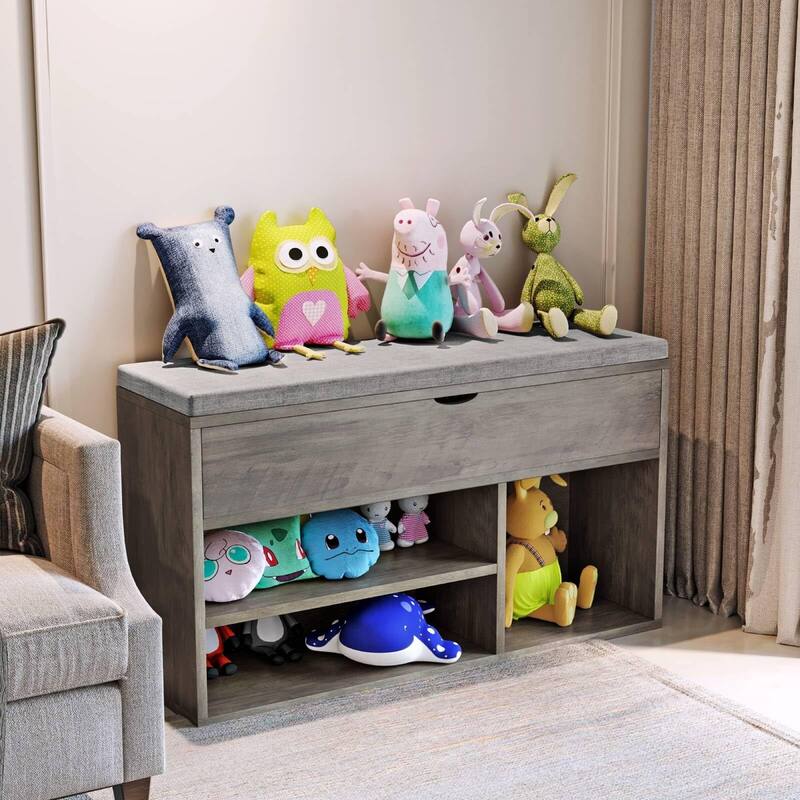 Shoe Storage Bench with a Cushioned Seat and 2 Tiers of Shelves