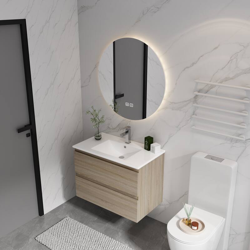 30" Wall-Mounted Bathroom Vanity With Ceramic Sink, 2-Soft Close Drawers