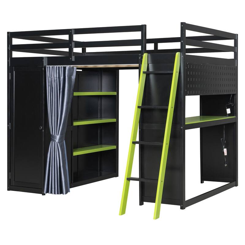 All-in-One Loft Bed Full Size Bedframe with Wardrobe, Shelves, Blackout Curtains, Pegboard, Charging Station and RGB Light Strip