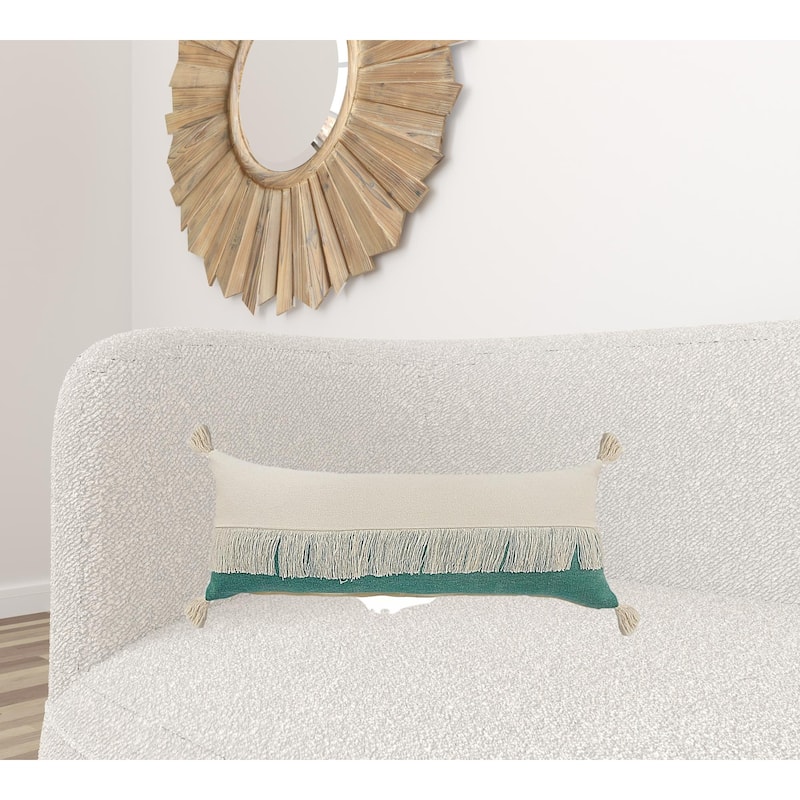 HomeRoots 14" X 36" Emerald Green And Off-White 100% Cotton Zippered Pillow