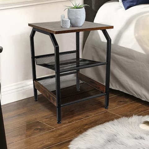 3-Tier Side Table, Industrial Nightstand with Storage Shelves, Metal Frame Beside Tables for Living Room, Bedroom