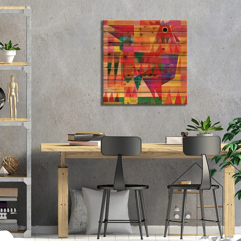 Patchwork Rooster Iv Print On Wood by Gareth Lucas - Multi-Color