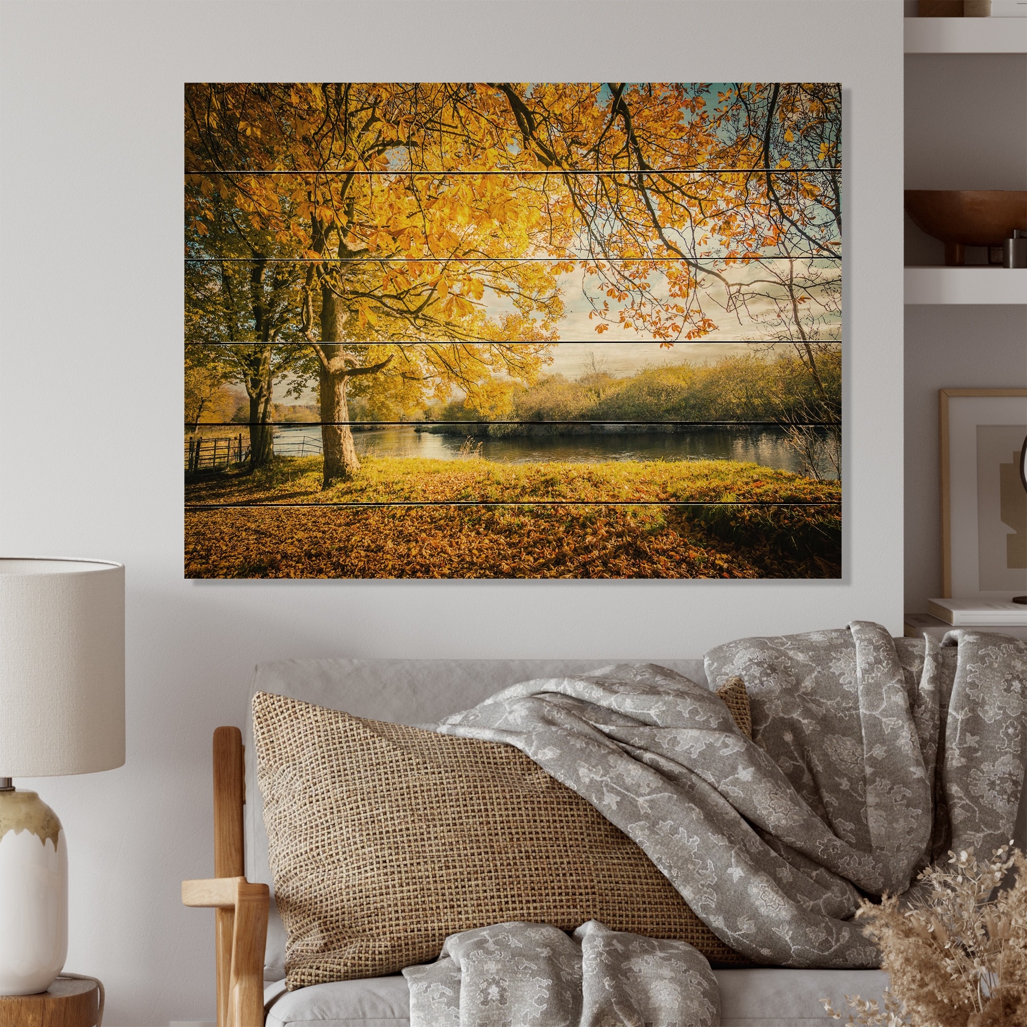 Designart 'Yellow Autumn Artistic Forest By The Lake III' Traditional Wood  Wall Art Dundefinedcor Natural Pine Wood Bed Bath  Beyond 36736017