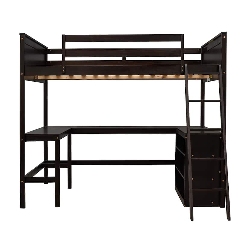 Full size Loft Bed with Shelves and Desk, Wooden Loft Bed with Desk - Espresso - N/A
