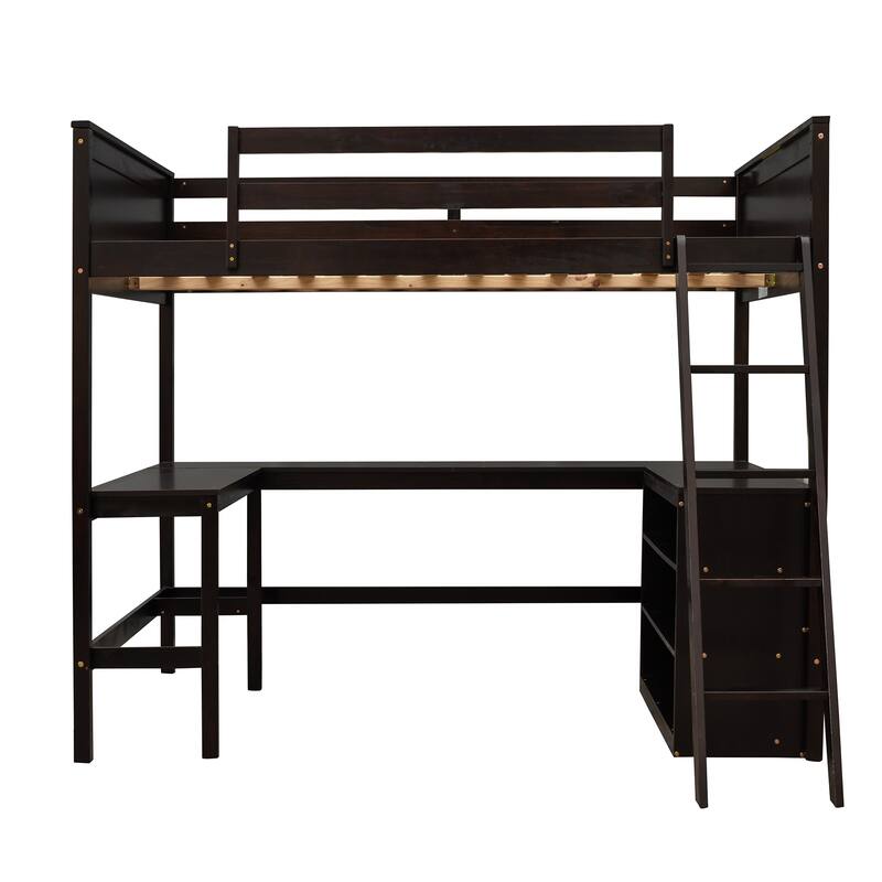 Space-Saving Full Size Loft Bed with Shelves and Desk in Espresso Finish