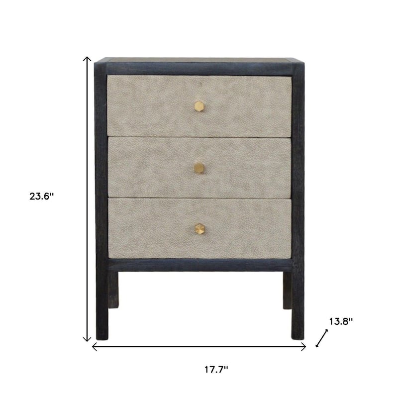 HomeRoots 24" Gray And Black Solid Wood And Faux Shagreen Three Drawer Nightstand
