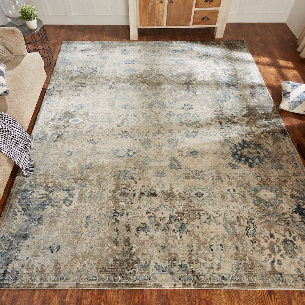 Porch & Den Hogan Distressed Ivory / Blue Geometric Area Rug