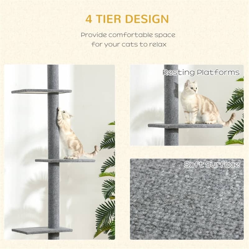 8.5ft Adjustable Cat Tree with Ceiling Mount, 4 Climbing Platforms & Soft Carpeted Pillars