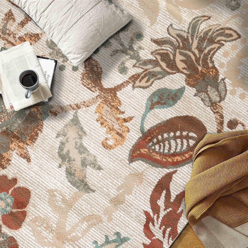 Beige Multi Botanical Scroll Stylish and Durable Area Rug
