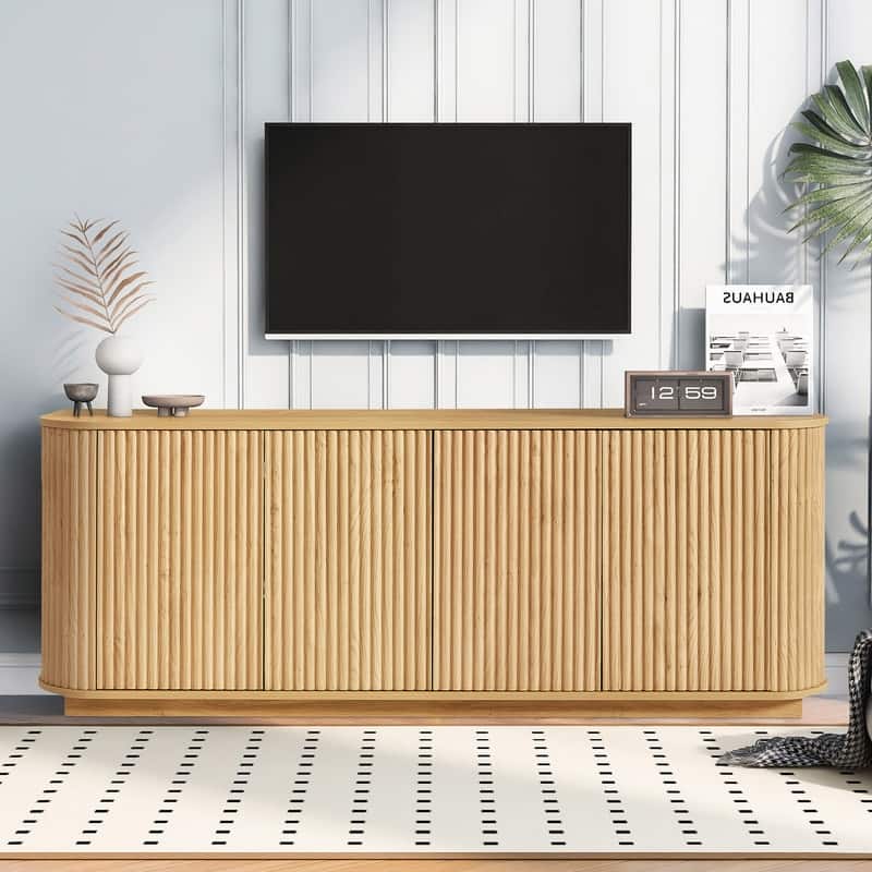 Wave Pattern Storage Cabinet, Stylish Wooden Sideboard with Pressed Spring Door