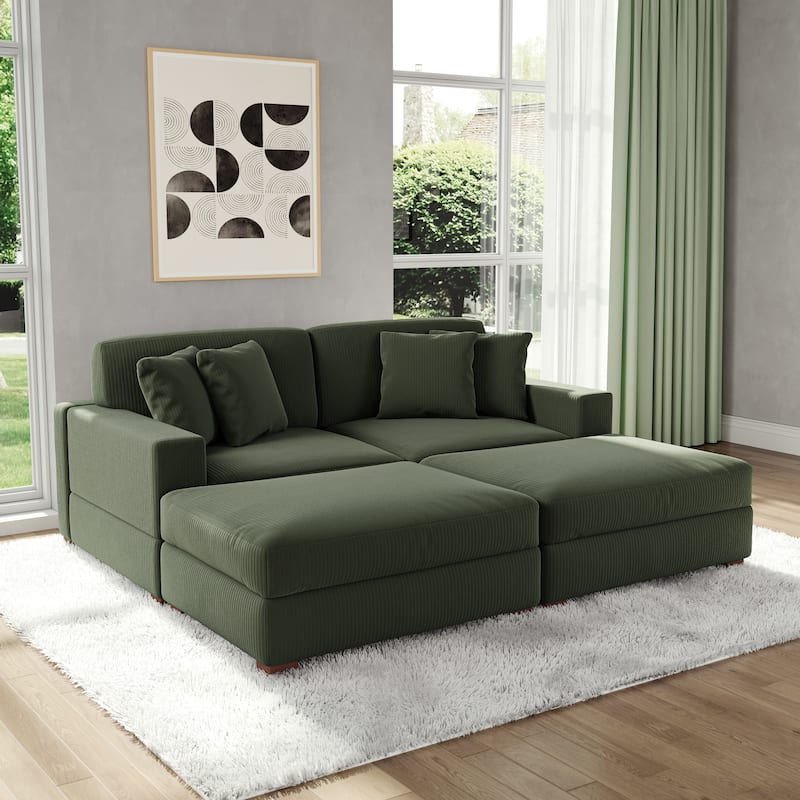 Modular Corduroy Sectional Sofa Set Chaise Couch with Ottoman - Green-4 Piece/2