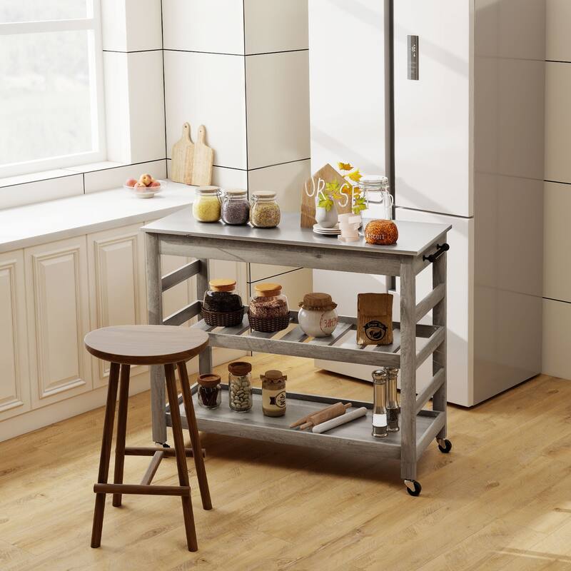 HOMCOM Kitchen Cart Rolling Kitchen Island Utility Trolley with Stainless Steel Top & Storage Wine Rack - 42.5"W x 19"D x 35"H