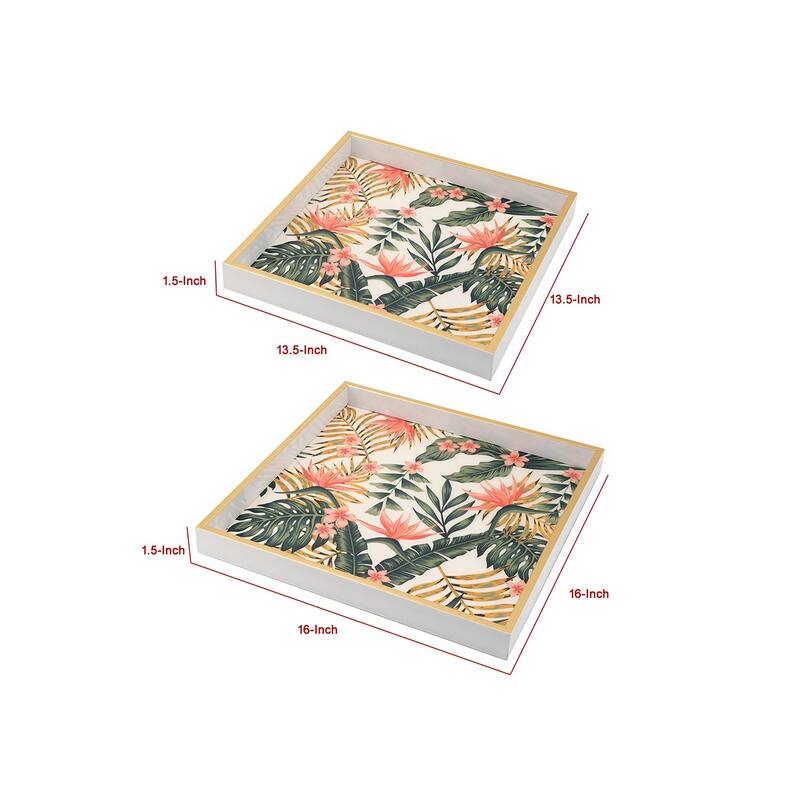 Set of 2 Decorative Trays, Crisp White MDF, Floral Printed PVC, Pink, Green