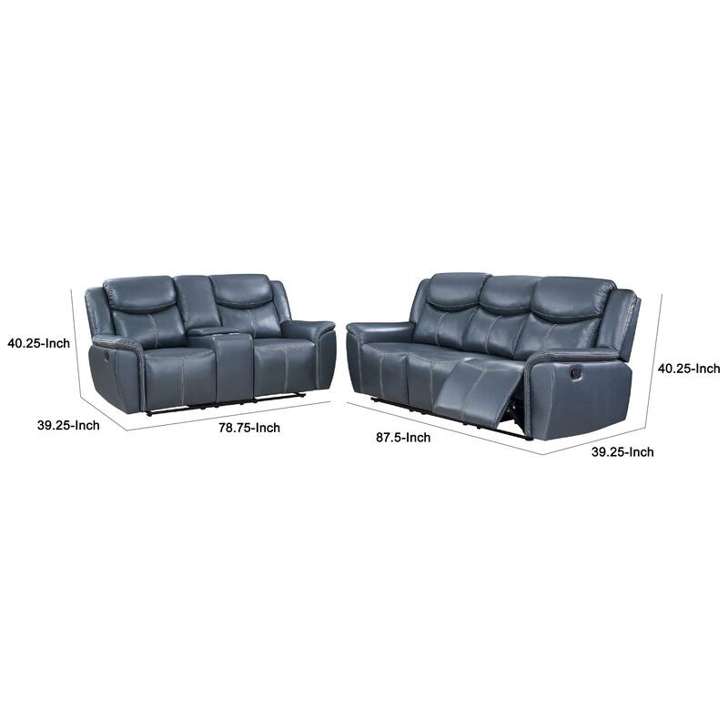 Eleni 2pc Power Reclining Sofa and Loveseat Set, Blue Faux Leather
