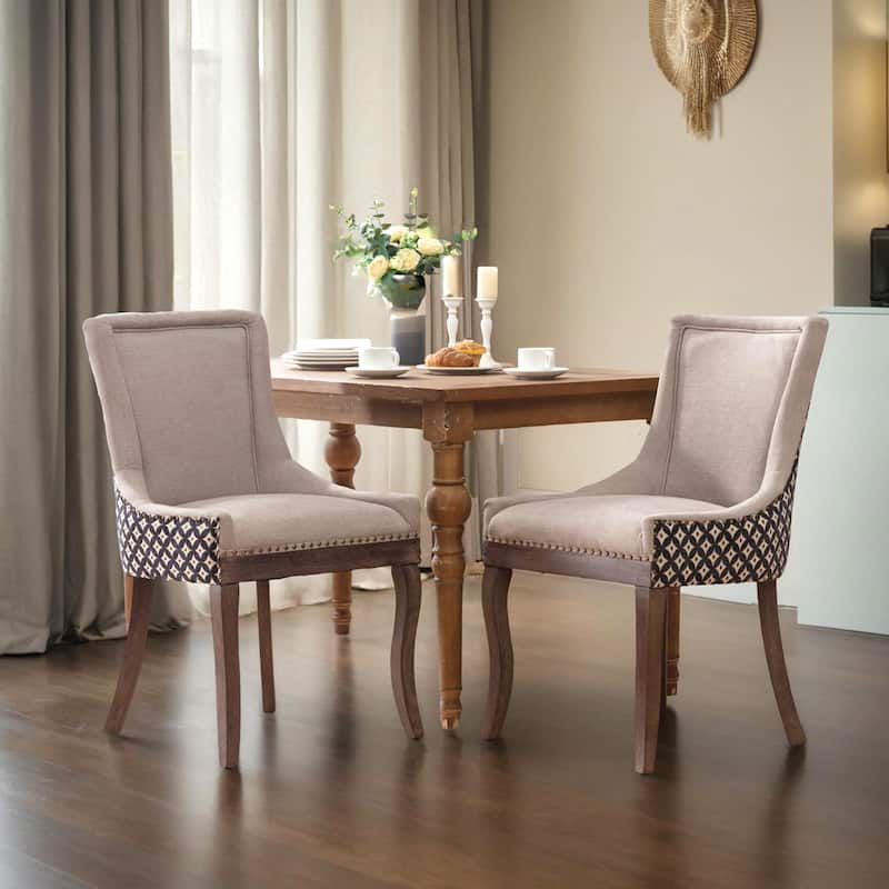 Ultra Side Dining Chair, Thickened fabric chairs with neutrally toned solid wood legs, Bronze nail head, Set of 2 - Beige+Black