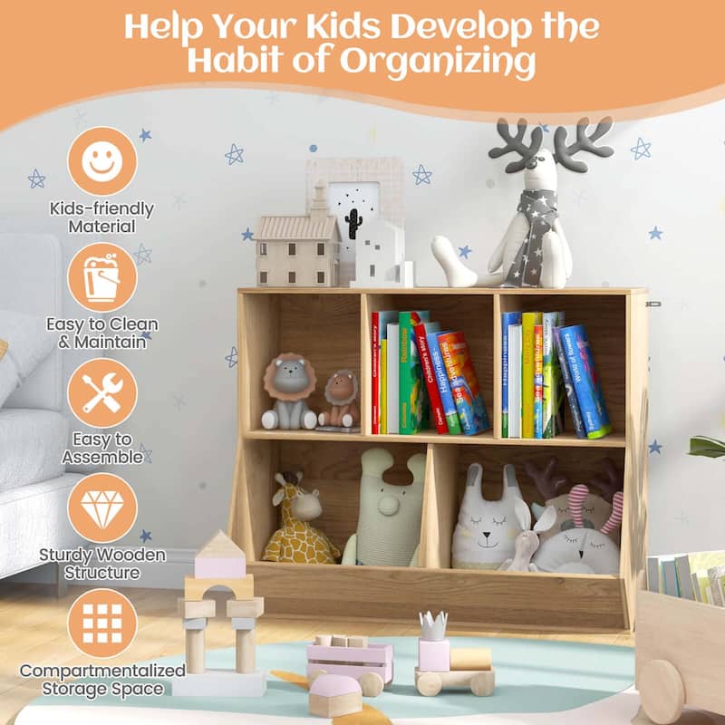 Costway 5-Cubby Kids Toy Storage Organizer Wooden Bookshelf Display - See Details