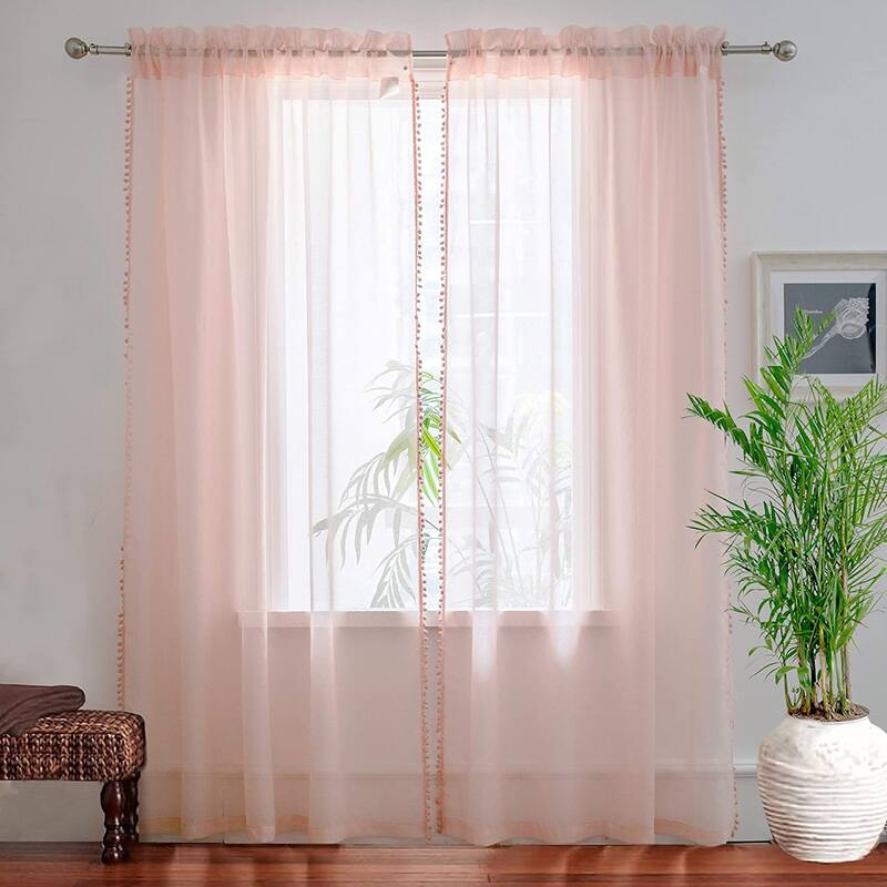 DriftAway Laura Pom Pom Sheer Window Curtain Panel Pair