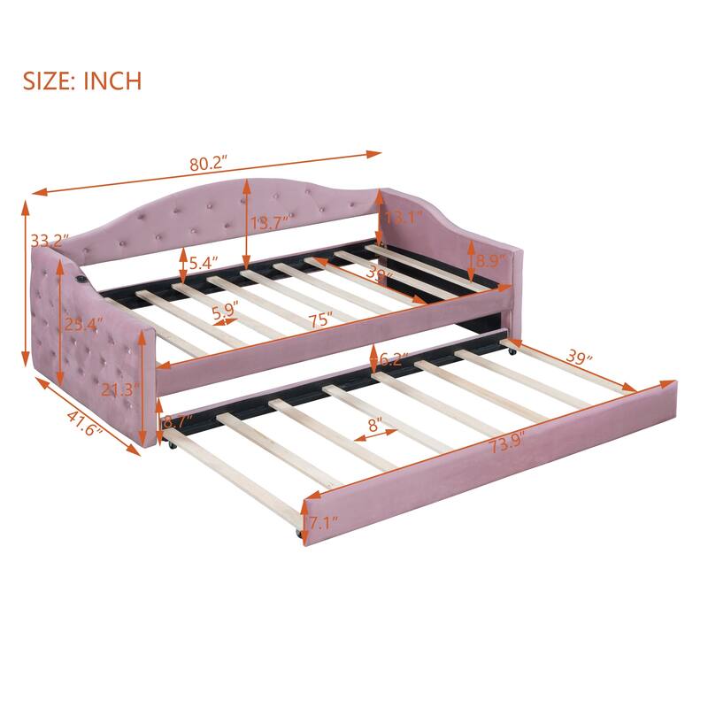 Twin Size Tufted Velvet Daybed with Trundle, USB & Type-C Charging, No Box-Spring Needed