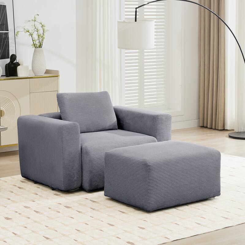 Corduroy Single Sofa Chair with a Large Ottoman, Square Arms & Ottoman Extension - Basalt Grey