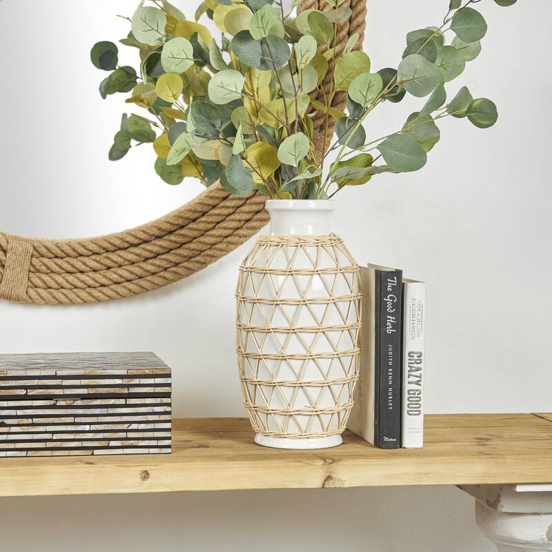Ceramic Handmade Decorative Vase with Woven Rattan Exterior - White - Roche River Decor