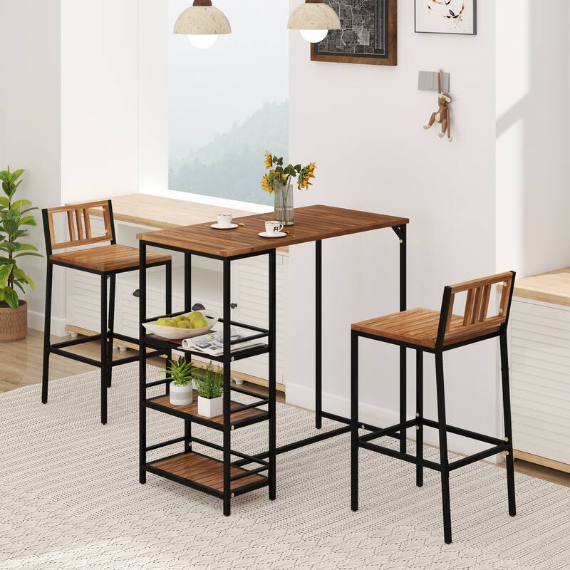 3 Pieces Outdoor Wood Bar Set with 3-Tier Storage Shelf and Metal Frame - Multi