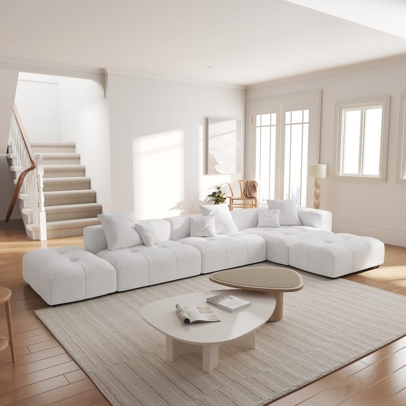 158.64" Linen Modular Sofa Modern L-Shaped Sectional Sofa 5-Seater Couch with Chaise for Living Room